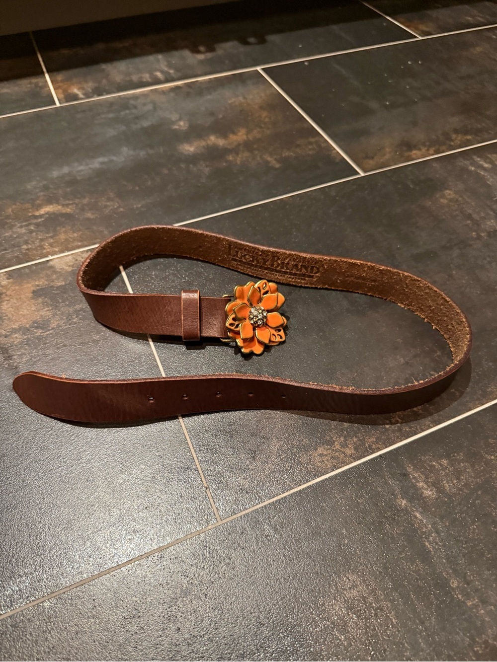 Lucky Brand Brown Leather Belt with Orange Flower Buckle